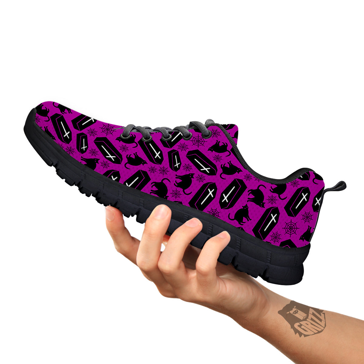 Coffin And Cat Purple Print Pattern Black Sneaker-grizzshop