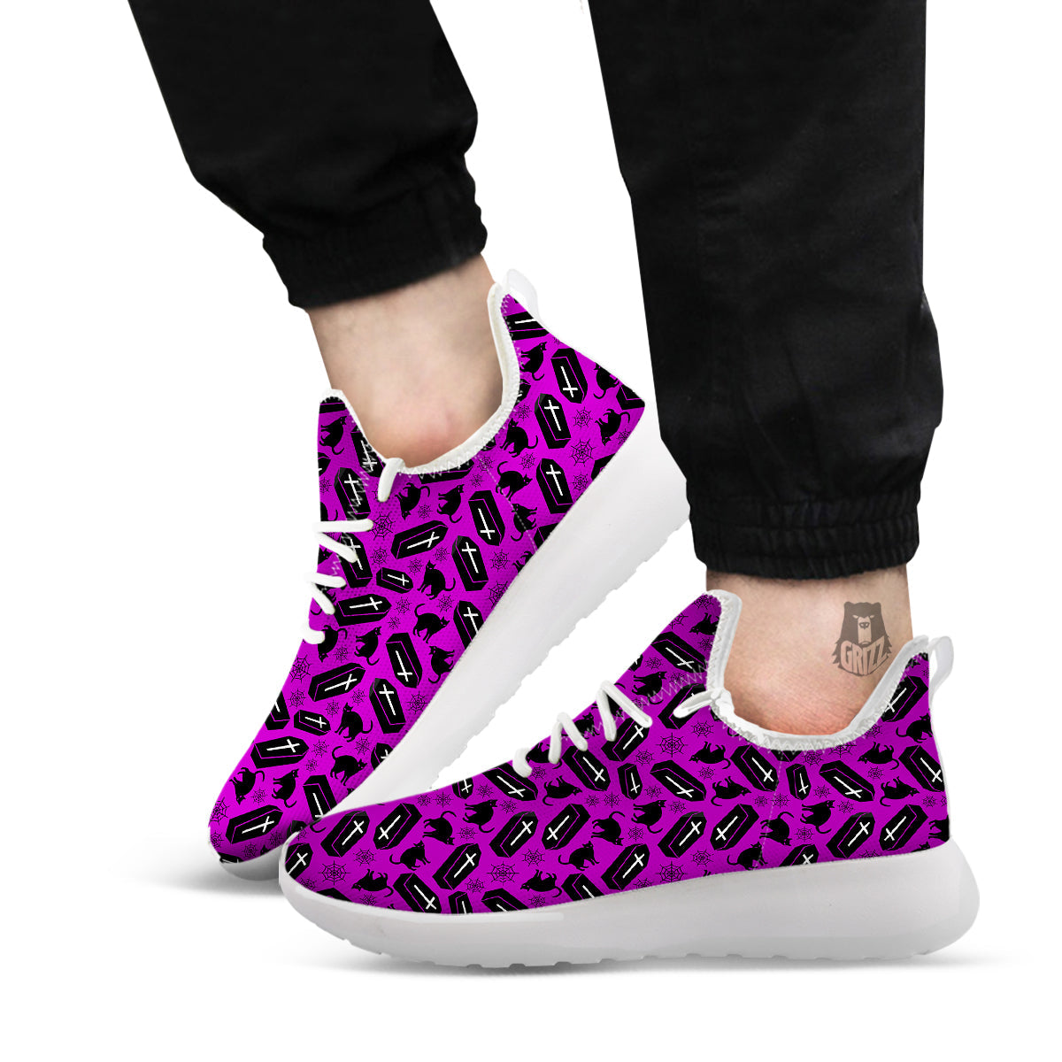 Coffin And Cat Purple Print Pattern White Athletic Shoes-grizzshop