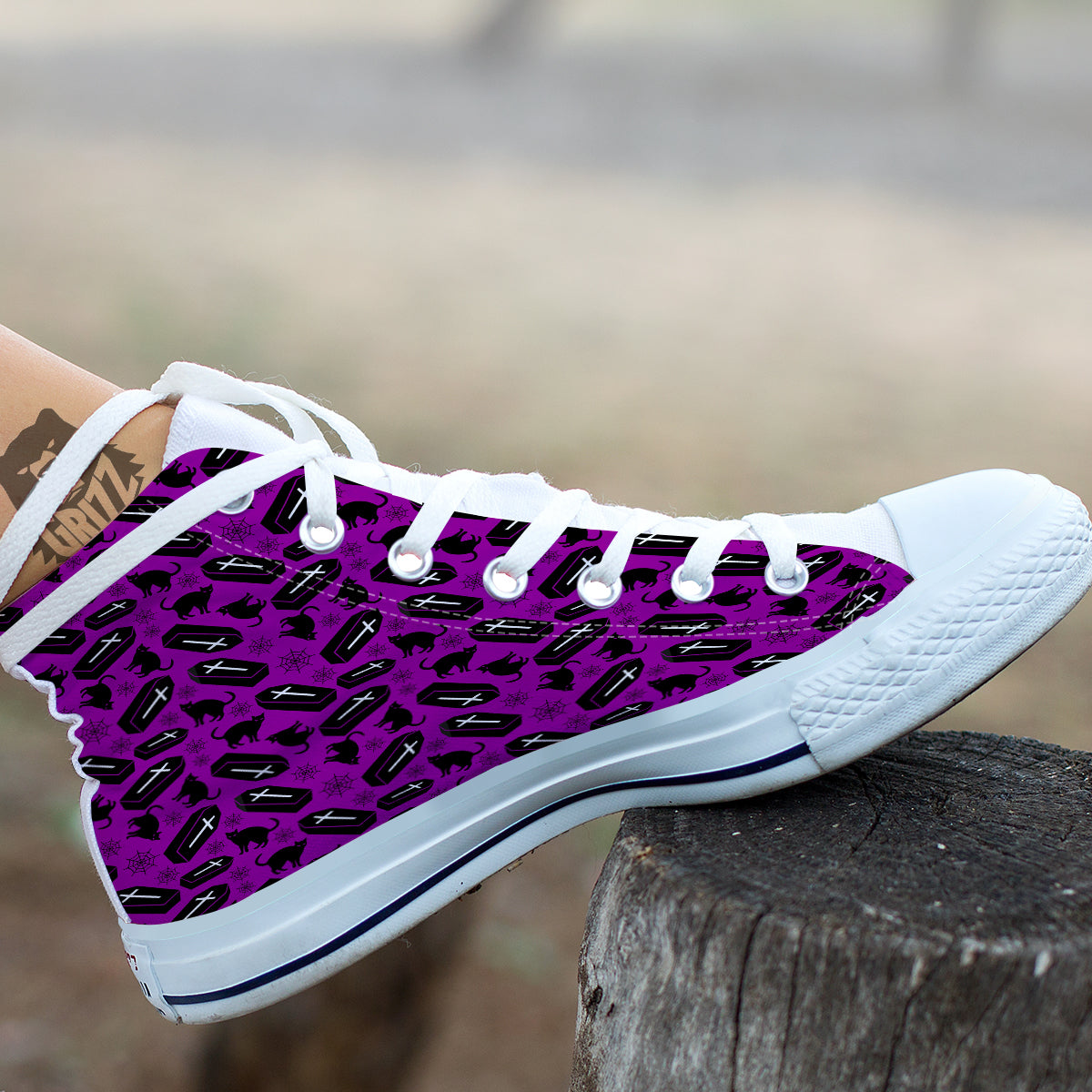 Coffin And Cat Purple Print Pattern White High Top Shoes-grizzshop