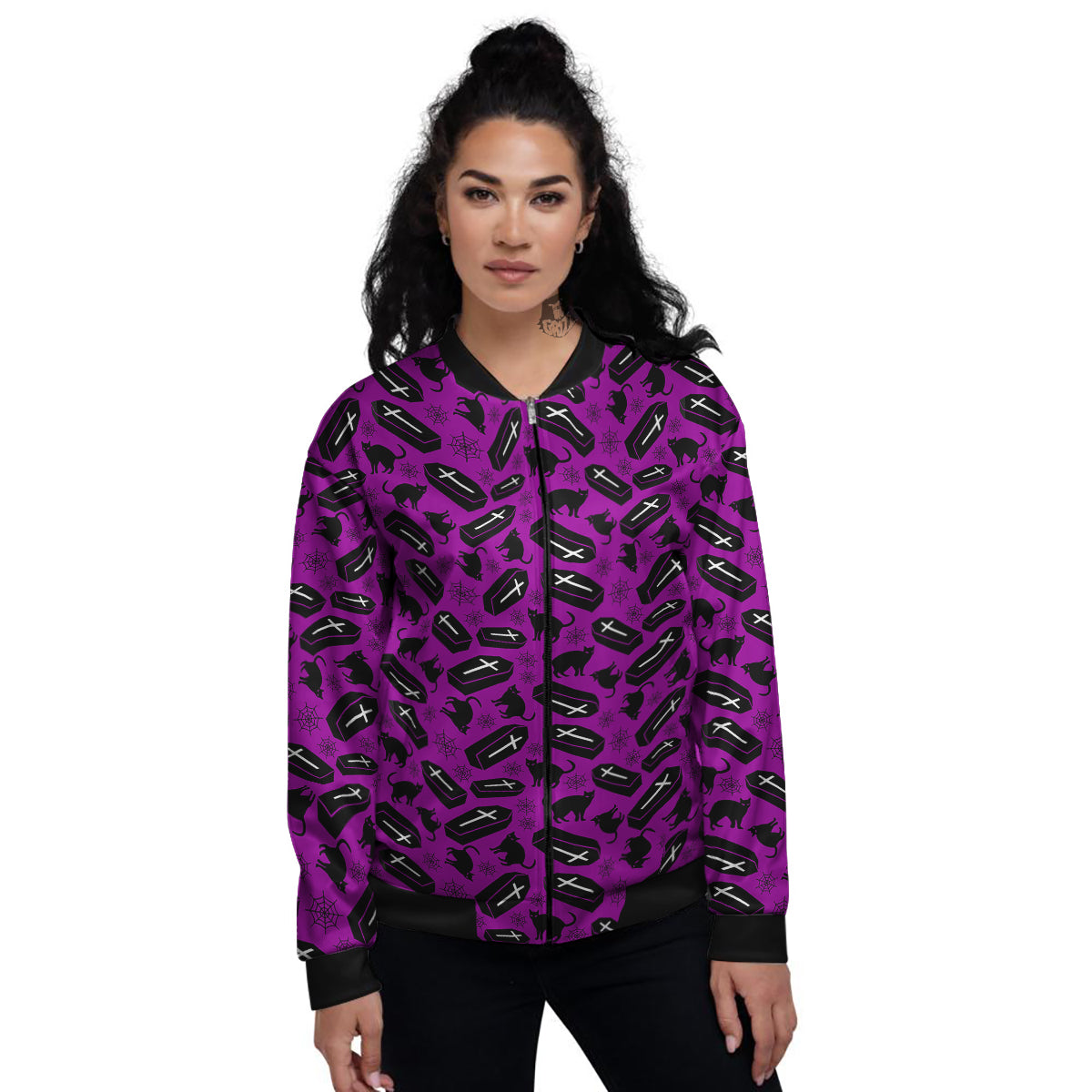 Coffin And Cat Purple Print Pattern Women's Bomber Jacket-grizzshop