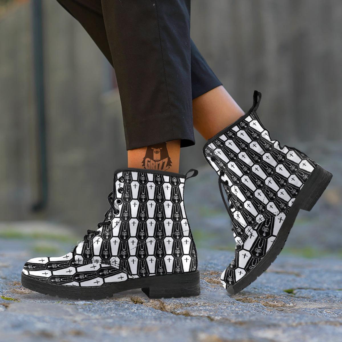 Coffin And Skeleton Print Pattern Leather Boots-grizzshop