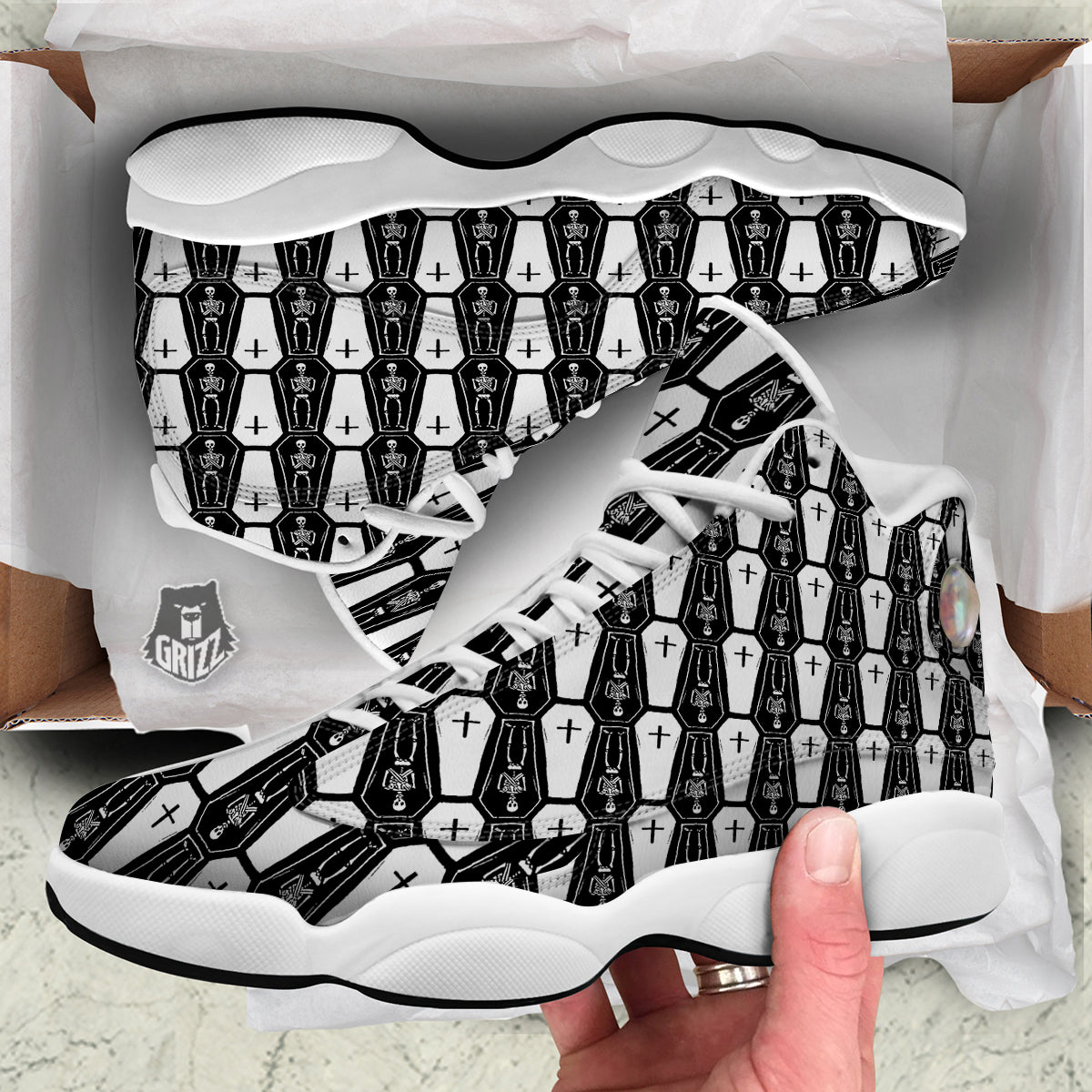 Coffin And Skeleton Print Pattern White Basketball Shoes-grizzshop
