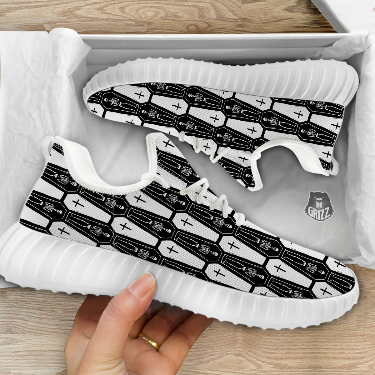 Coffin And Skeleton Print Pattern White Walking Shoes-grizzshop