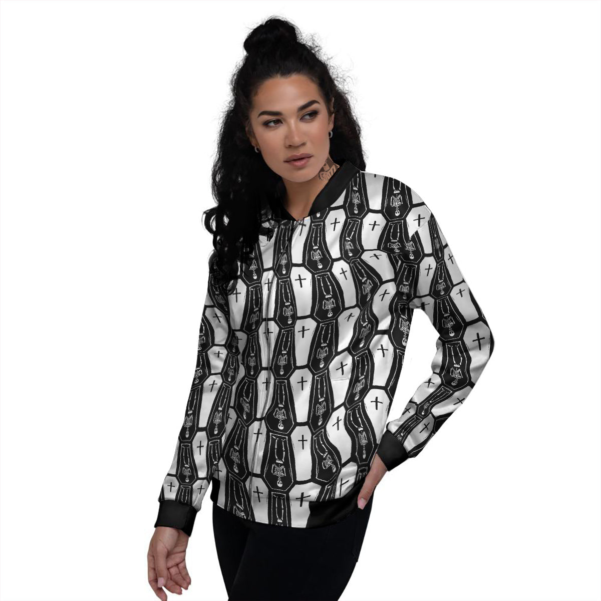 Coffin And Skeleton Print Pattern Women's Bomber Jacket-grizzshop