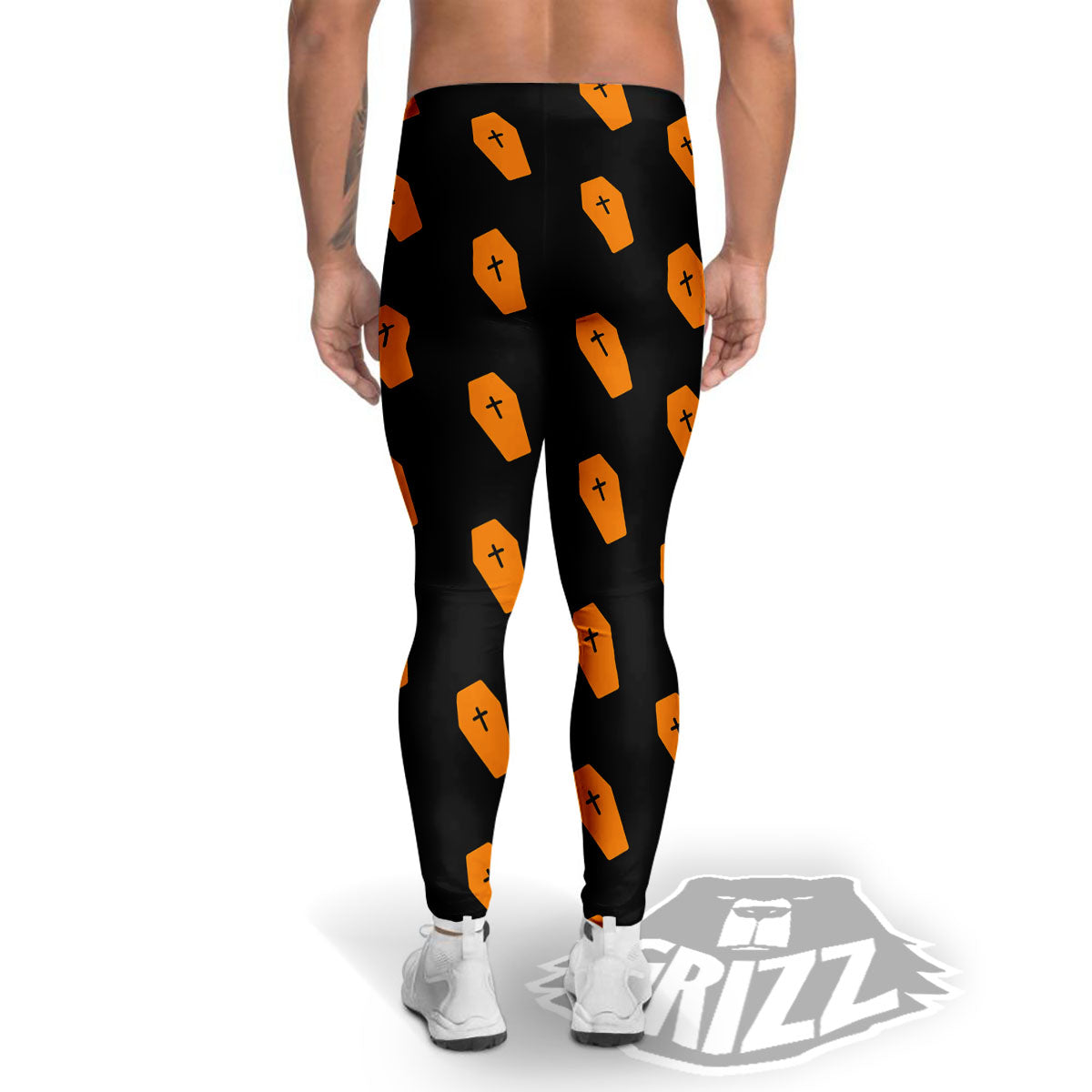 Coffin Orange Halloween Print Pattern Men's Leggings-grizzshop