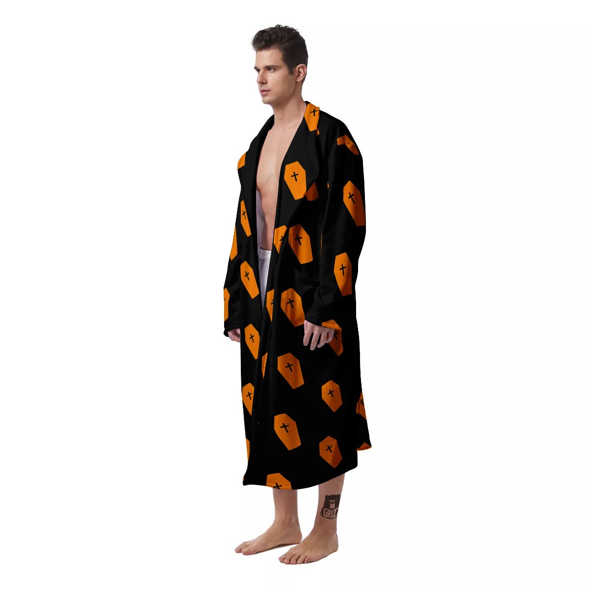 Coffin Orange Halloween Print Pattern Men's Robe-grizzshop