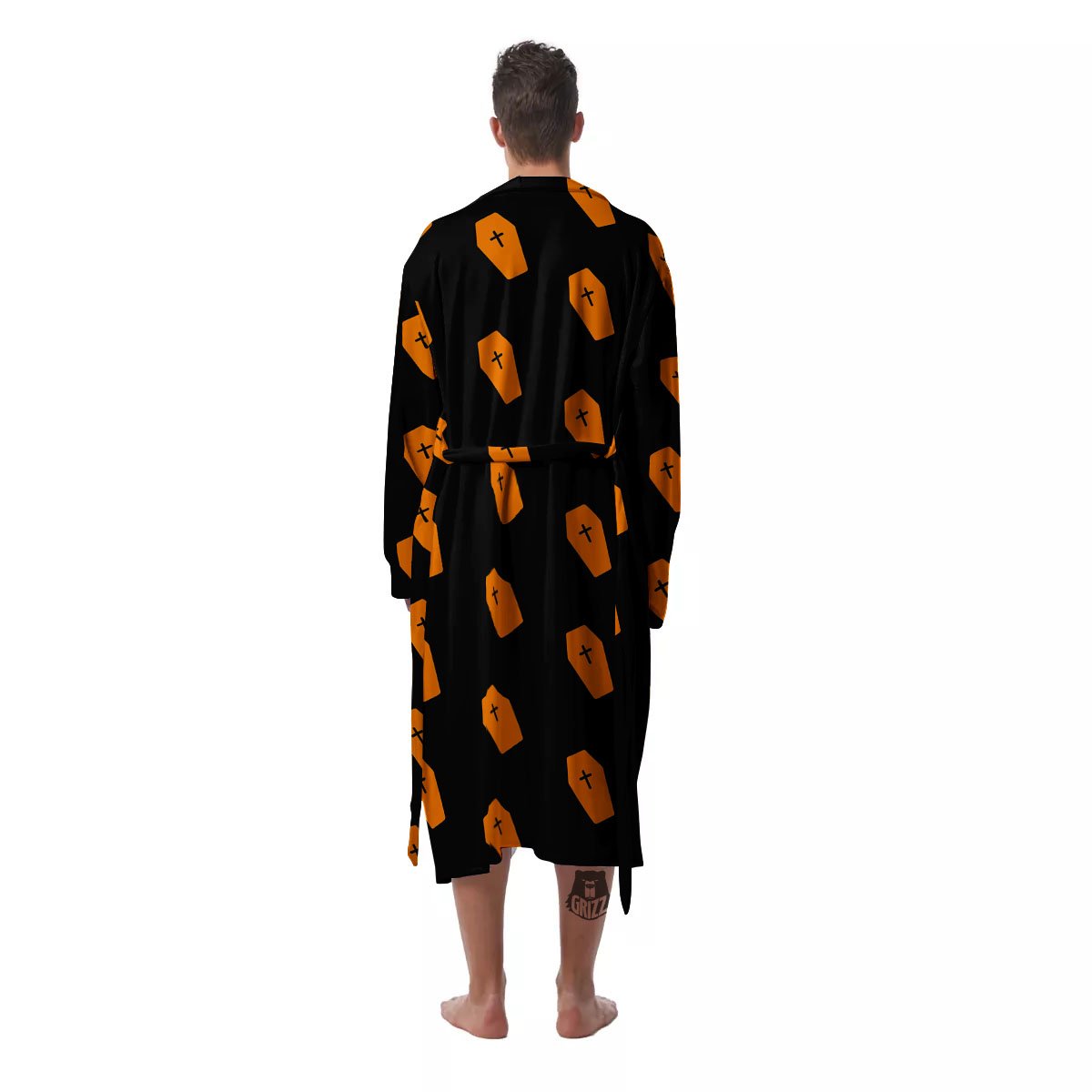 Coffin Orange Halloween Print Pattern Men's Robe-grizzshop