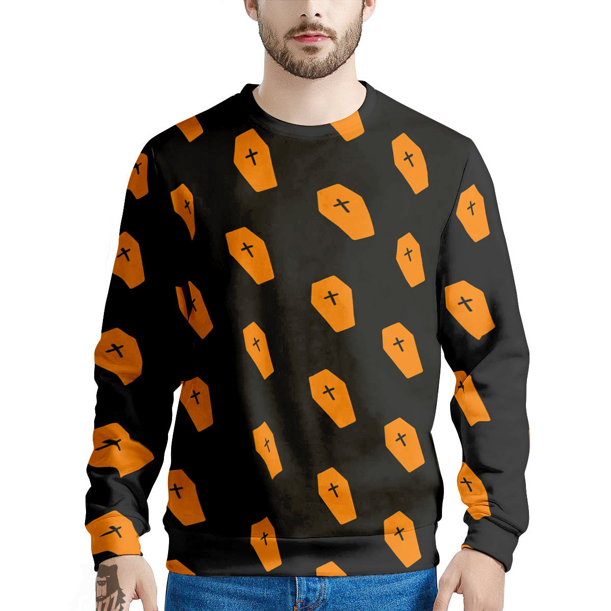 Coffin Orange Halloween Print Pattern Men's Sweatshirt-grizzshop