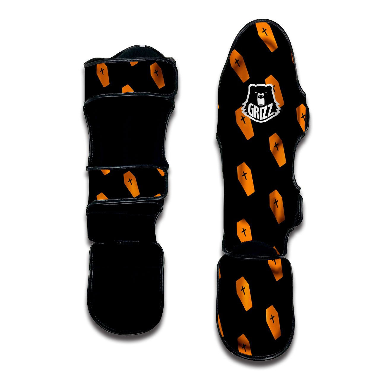 Coffin Orange Halloween Print Pattern Muay Thai Shin Guards-grizzshop