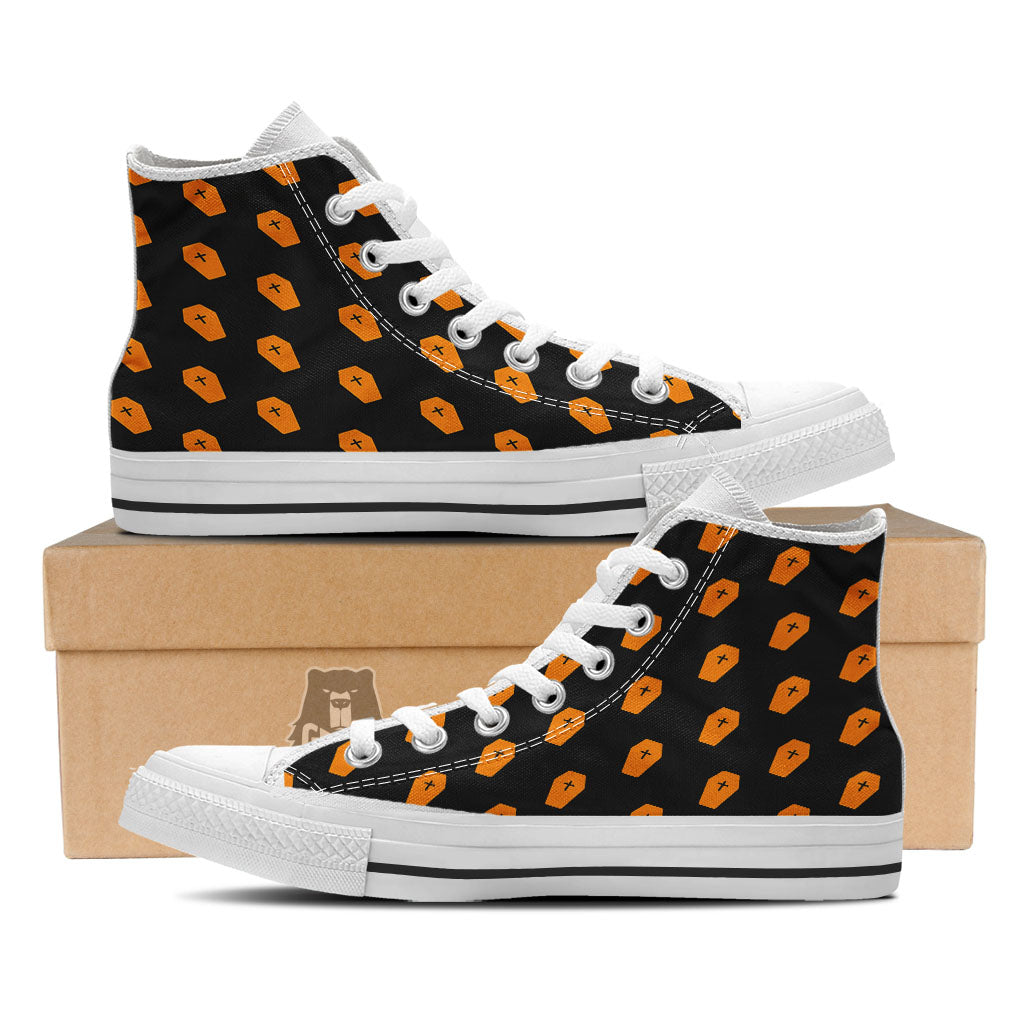 Coffin Orange Halloween Print Pattern White High Top Shoes-grizzshop