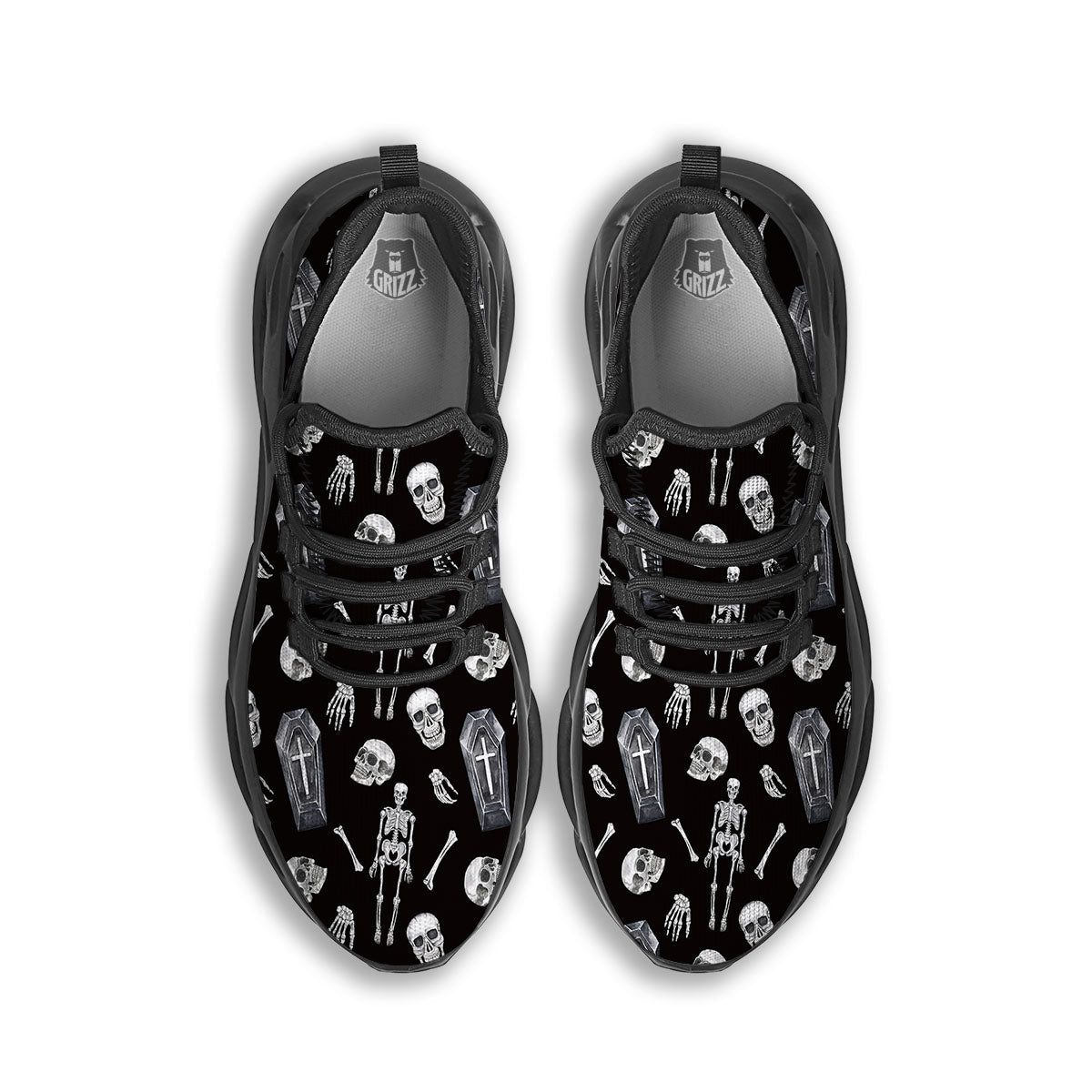 Coffin White And Black Print Pattern Black Running Shoes-grizzshop