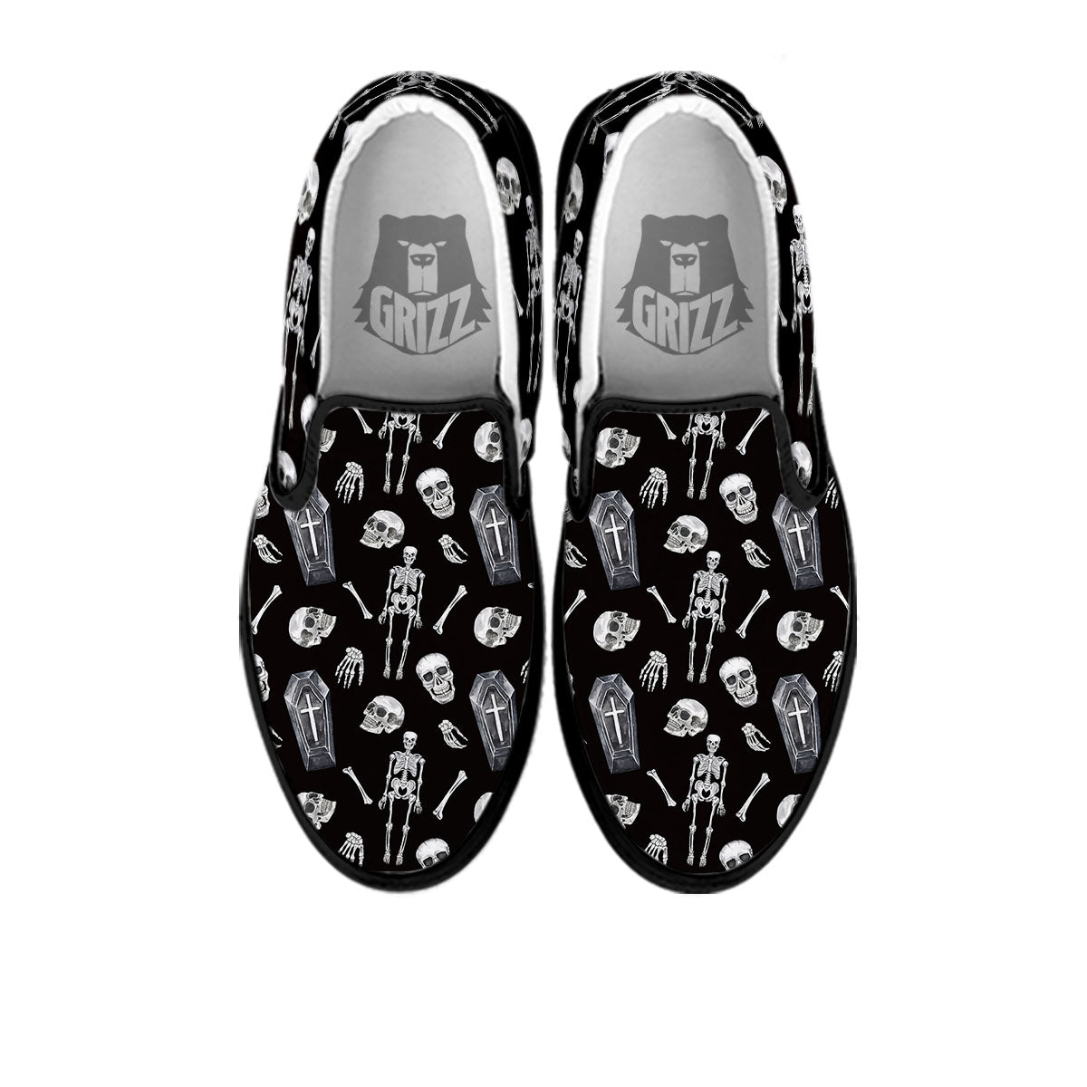 Coffin White And Black Print Pattern Black Slip On Shoes-grizzshop