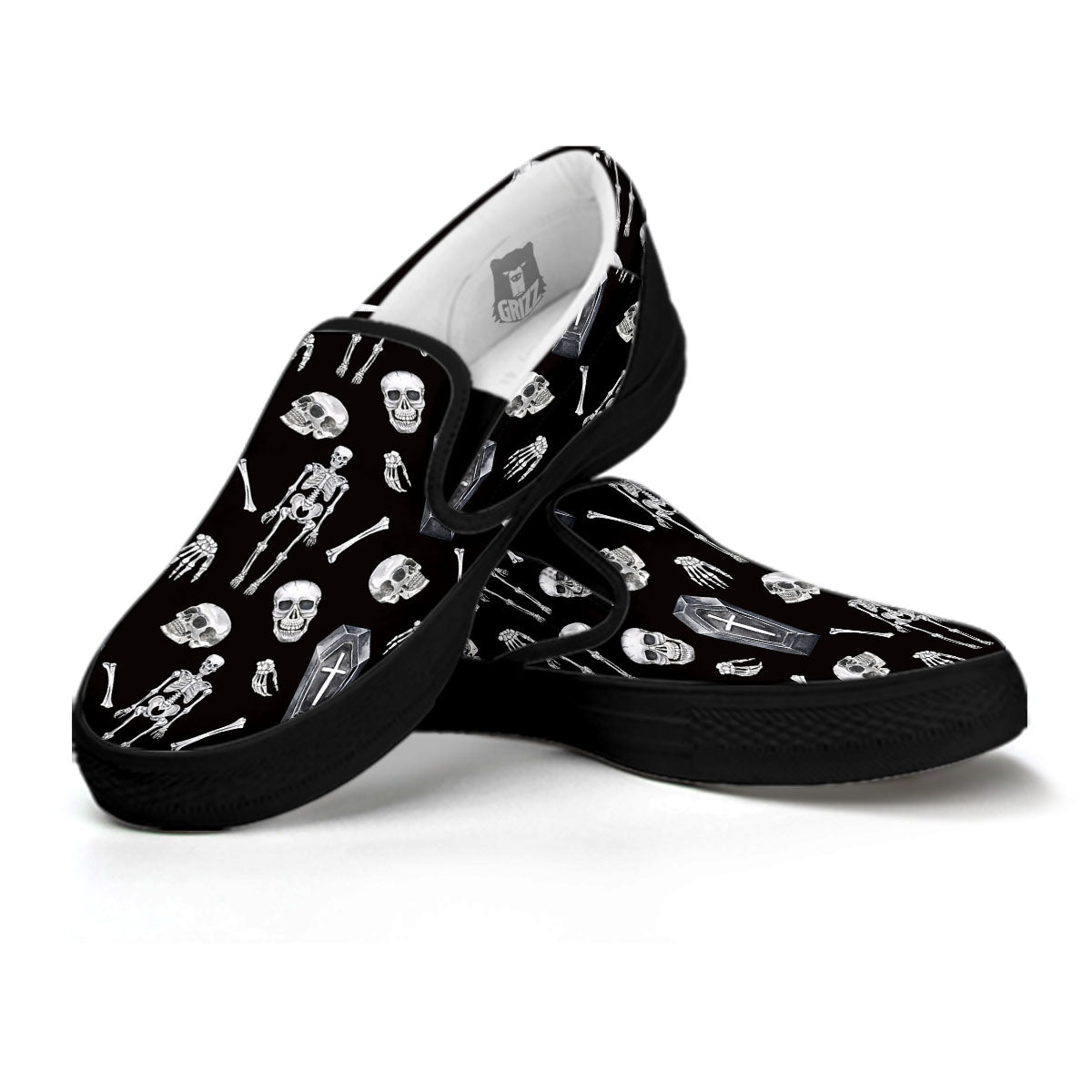Coffin White And Black Print Pattern Black Slip On Shoes-grizzshop