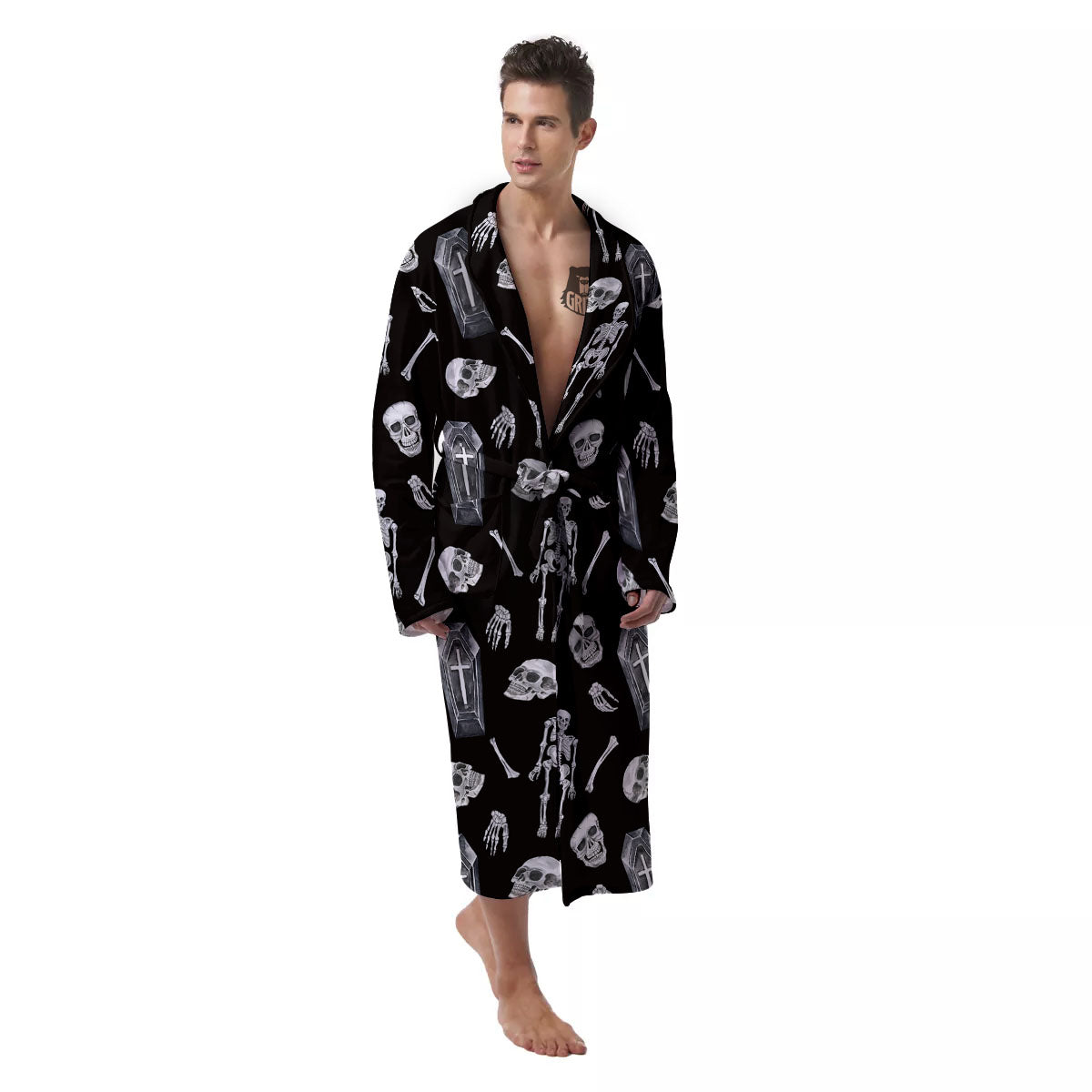 Coffin White And Black Print Pattern Men's Robe-grizzshop