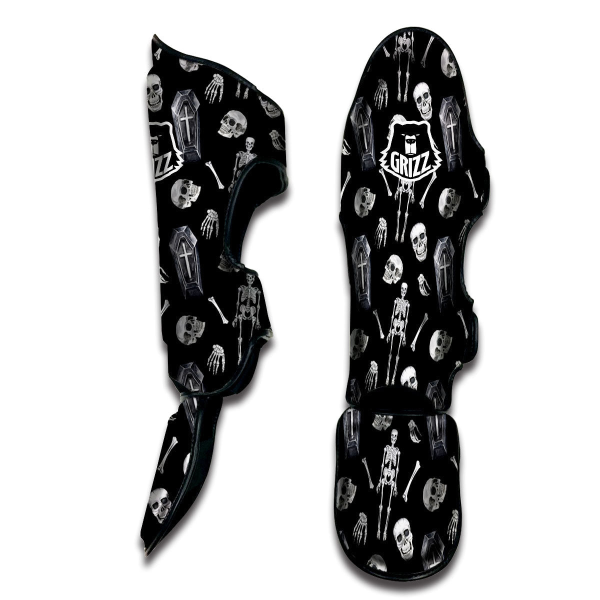 Coffin White And Black Print Pattern Muay Thai Shin Guards-grizzshop