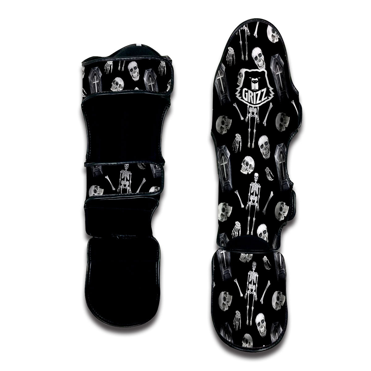 Coffin White And Black Print Pattern Muay Thai Shin Guards-grizzshop