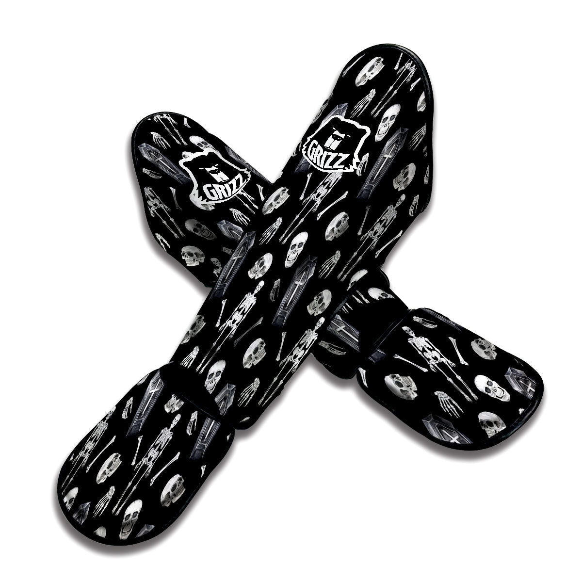 Coffin White And Black Print Pattern Muay Thai Shin Guards-grizzshop