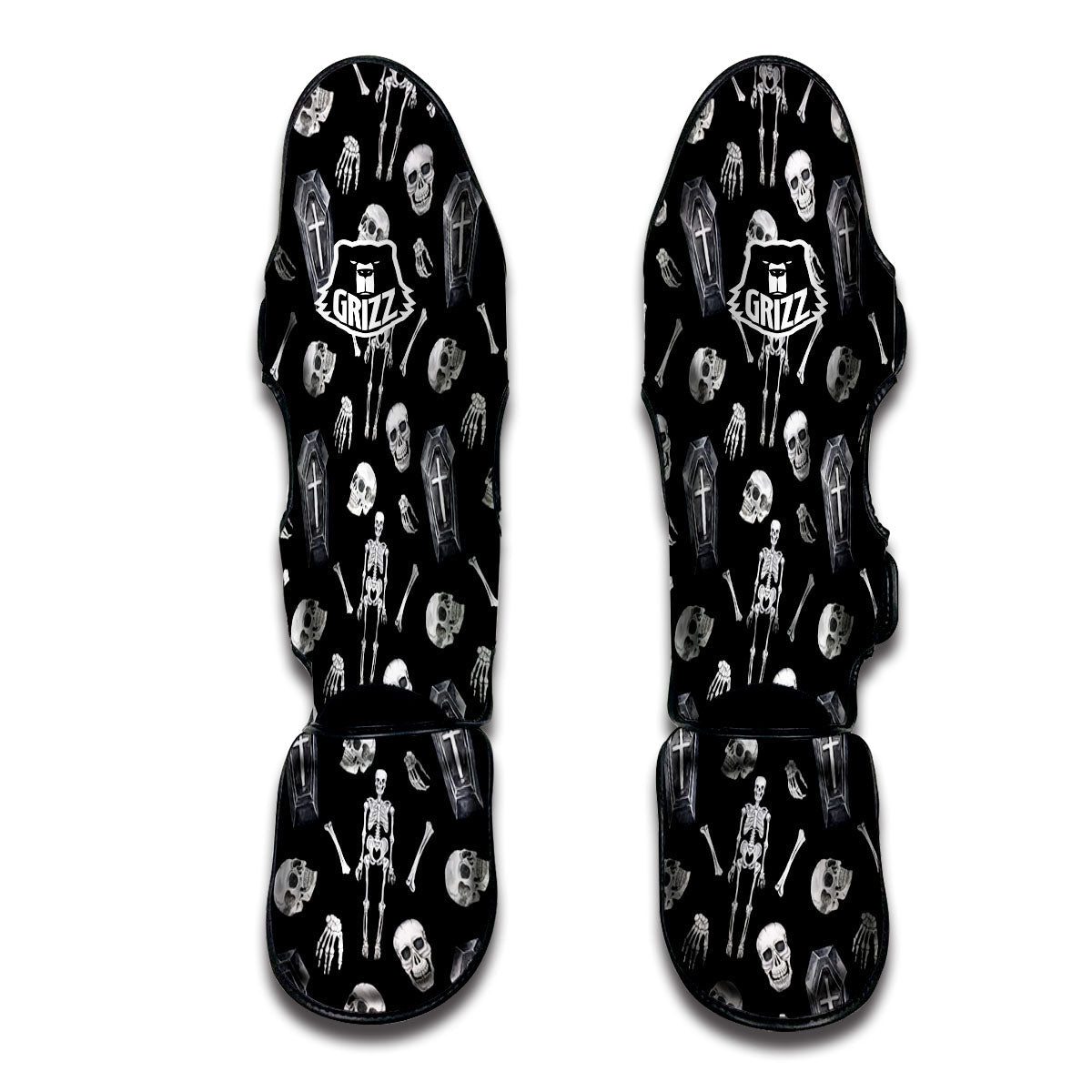 Coffin White And Black Print Pattern Muay Thai Shin Guards-grizzshop