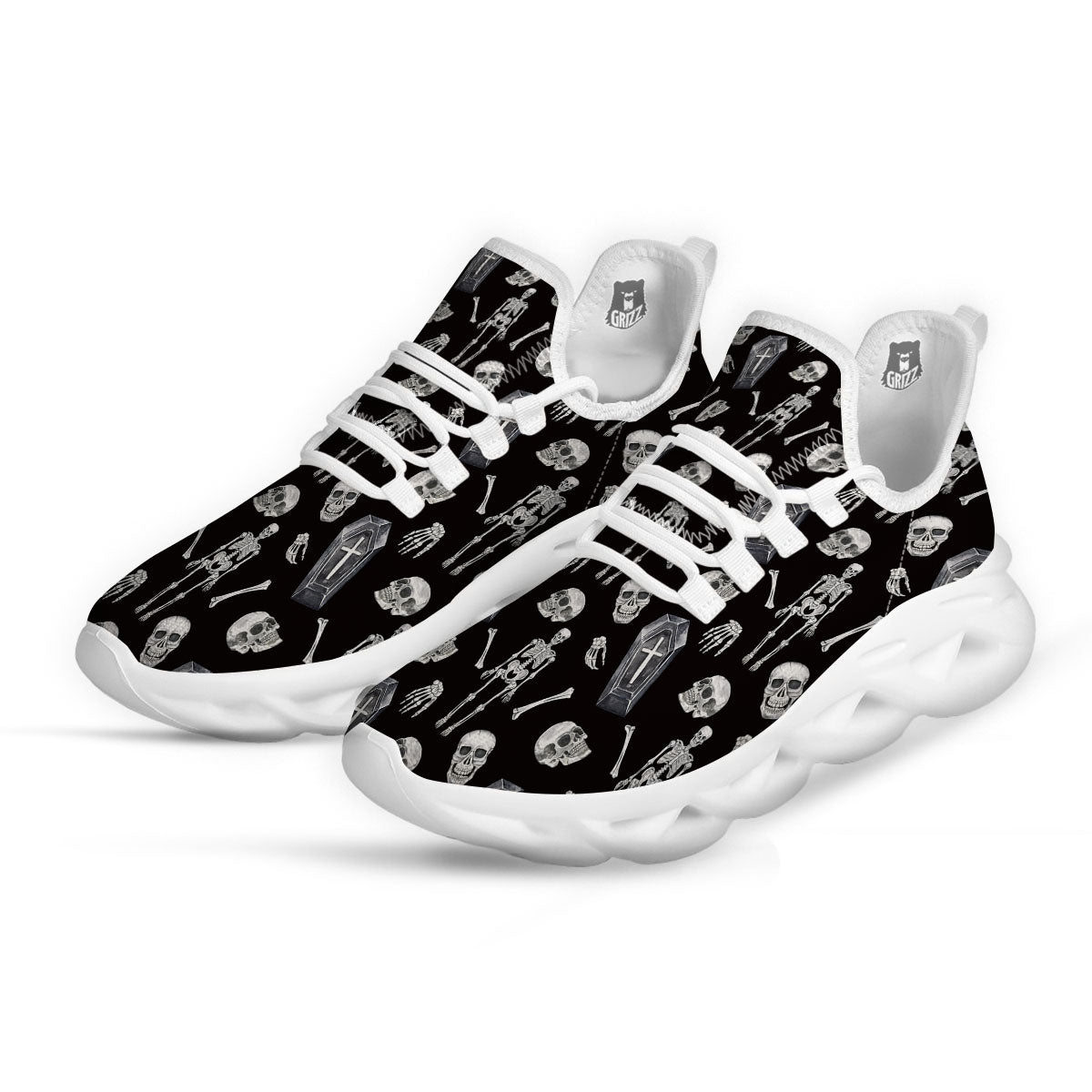 Coffin White And Black Print Pattern White Running Shoes-grizzshop