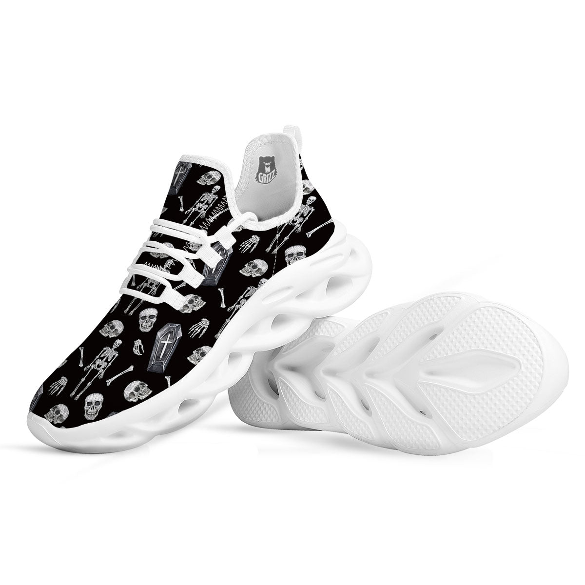 Coffin White And Black Print Pattern White Running Shoes-grizzshop