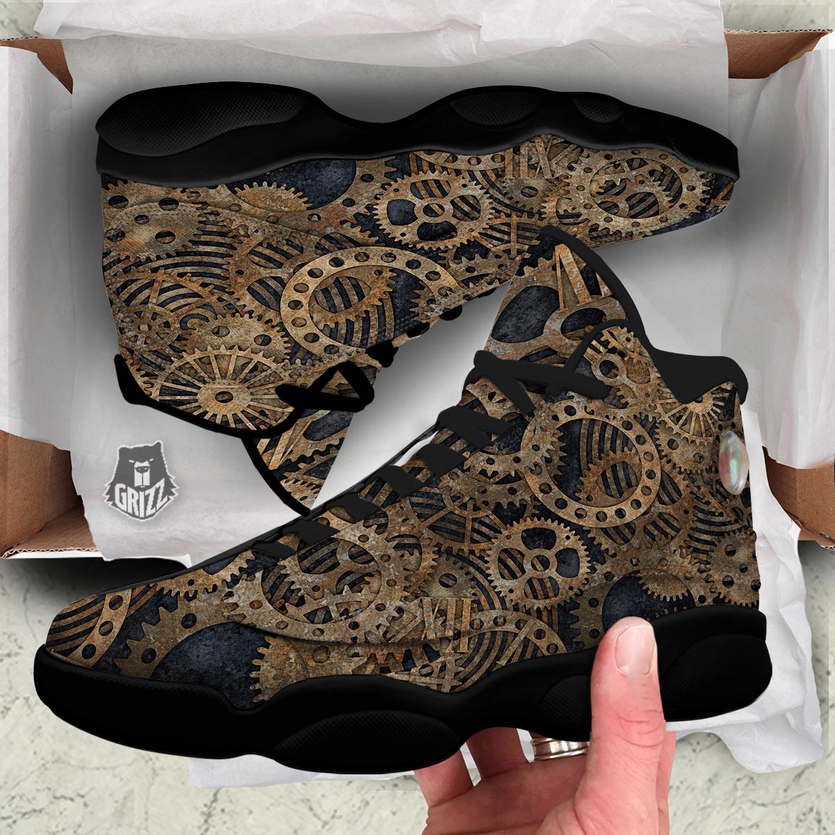 Cogs And Gears Steampunk Brass Print Black Basketball Shoes-grizzshop