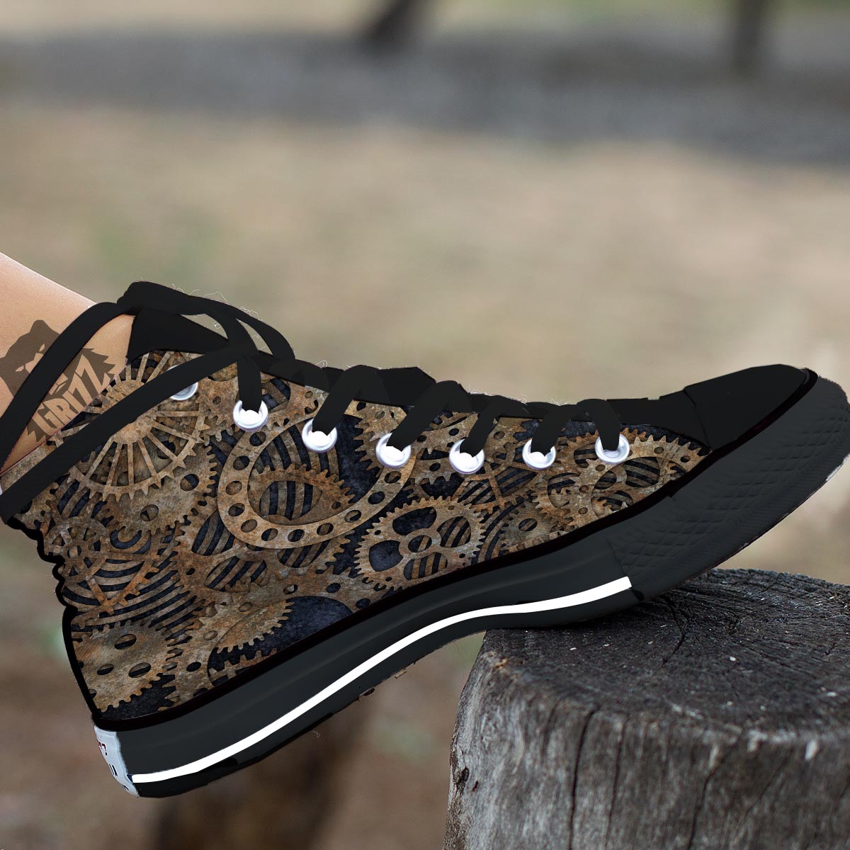 Cogs And Gears Steampunk Brass Print Black High Top Shoes-grizzshop
