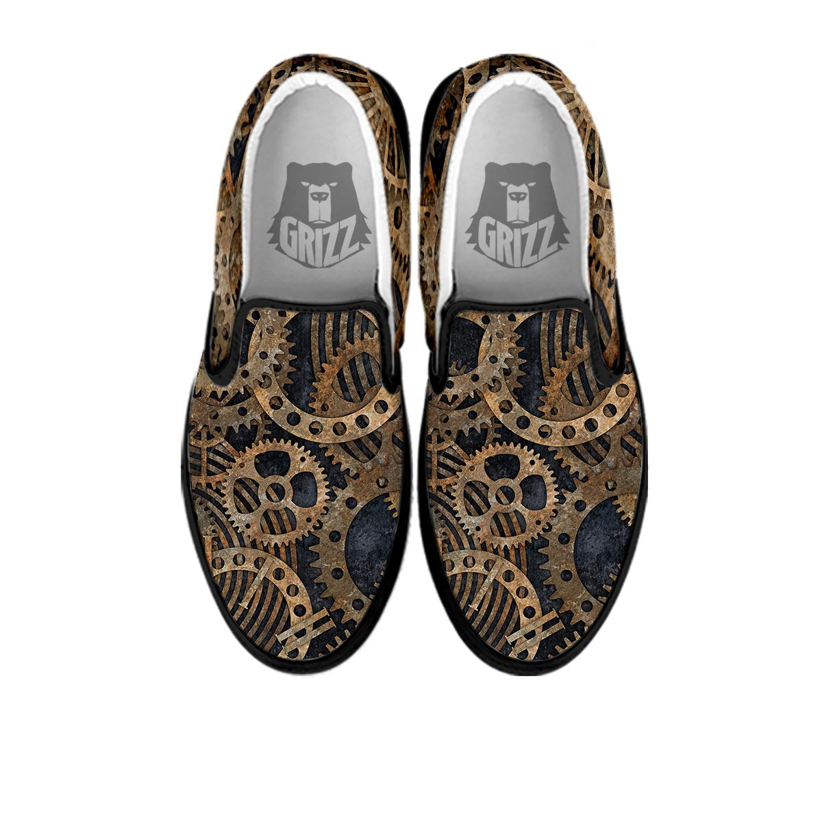 Cogs And Gears Steampunk Brass Print Black Slip On Shoes-grizzshop