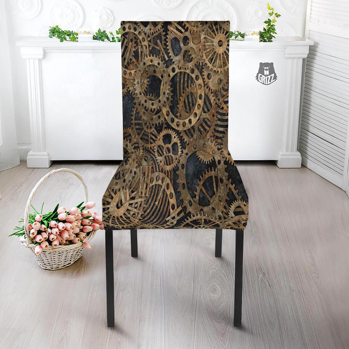 Cogs And Gears Steampunk Brass Print Dining Chair Slipcover-grizzshop