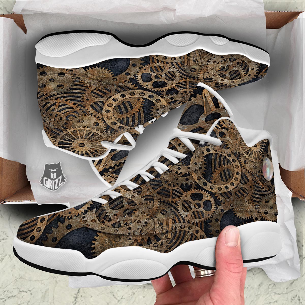 Cogs And Gears Steampunk Brass Print White Basketball Shoes-grizzshop