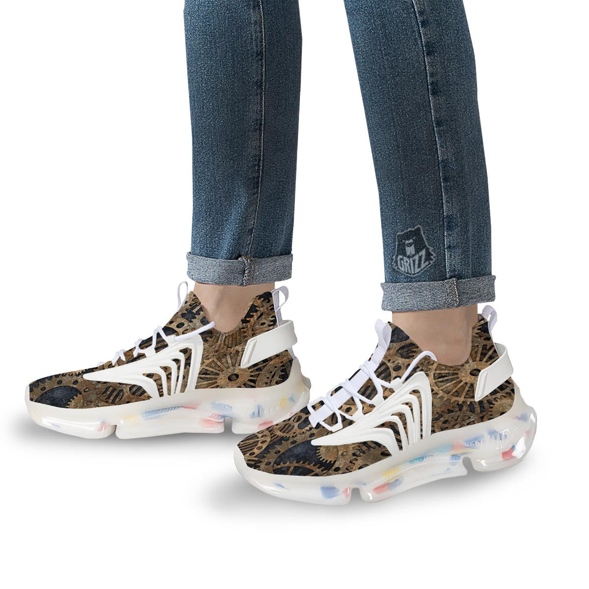 Cogs And Gears Steampunk Brass Print White Gym Shoes-grizzshop