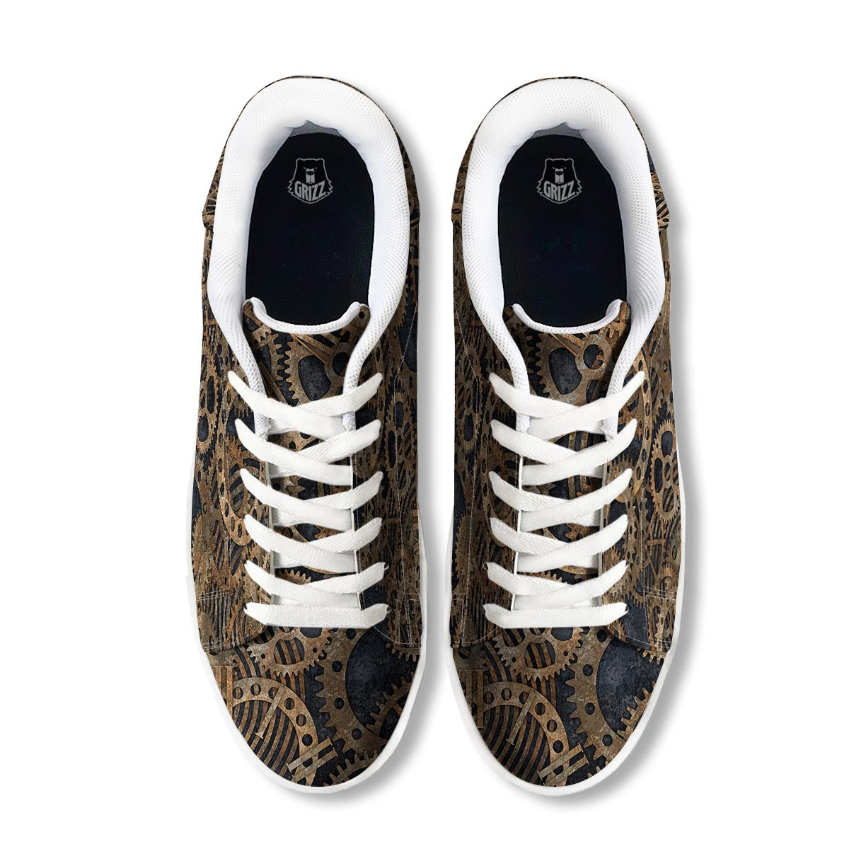 Cogs And Gears Steampunk Brass Print White Low Top Sneakers-grizzshop