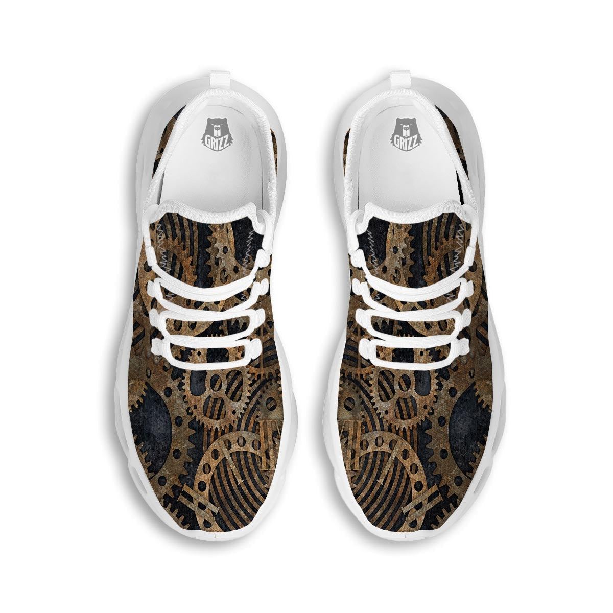 Cogs And Gears Steampunk Brass Print White Running Shoes-grizzshop