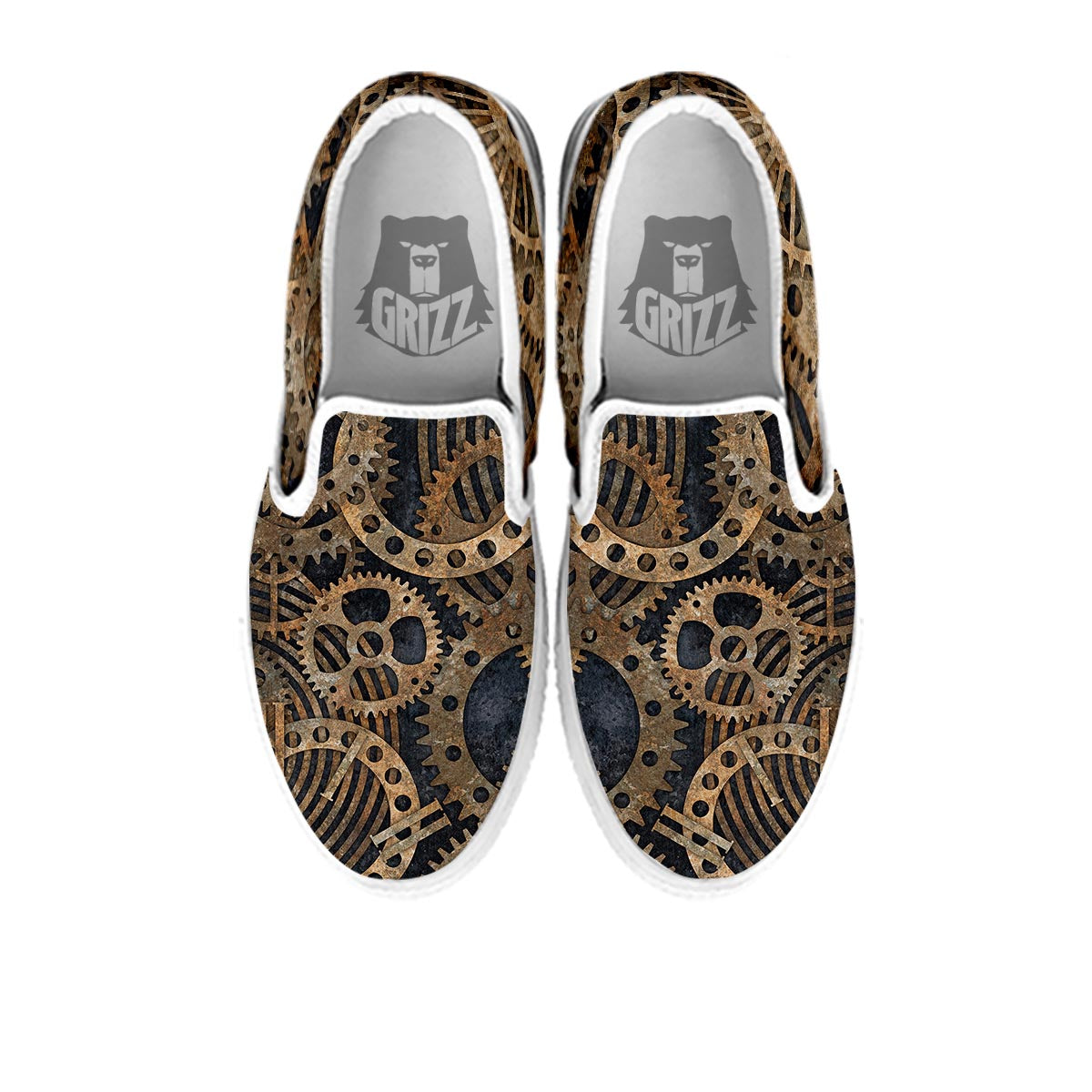 Cogs And Gears Steampunk Brass Print White Slip On Shoes-grizzshop