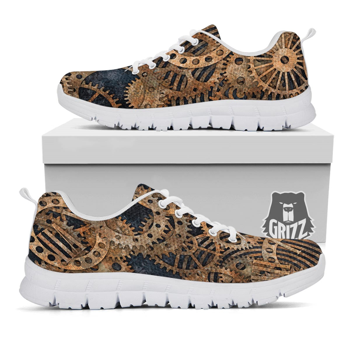 Cogs And Gears Steampunk Brass Print White Sneaker-grizzshop