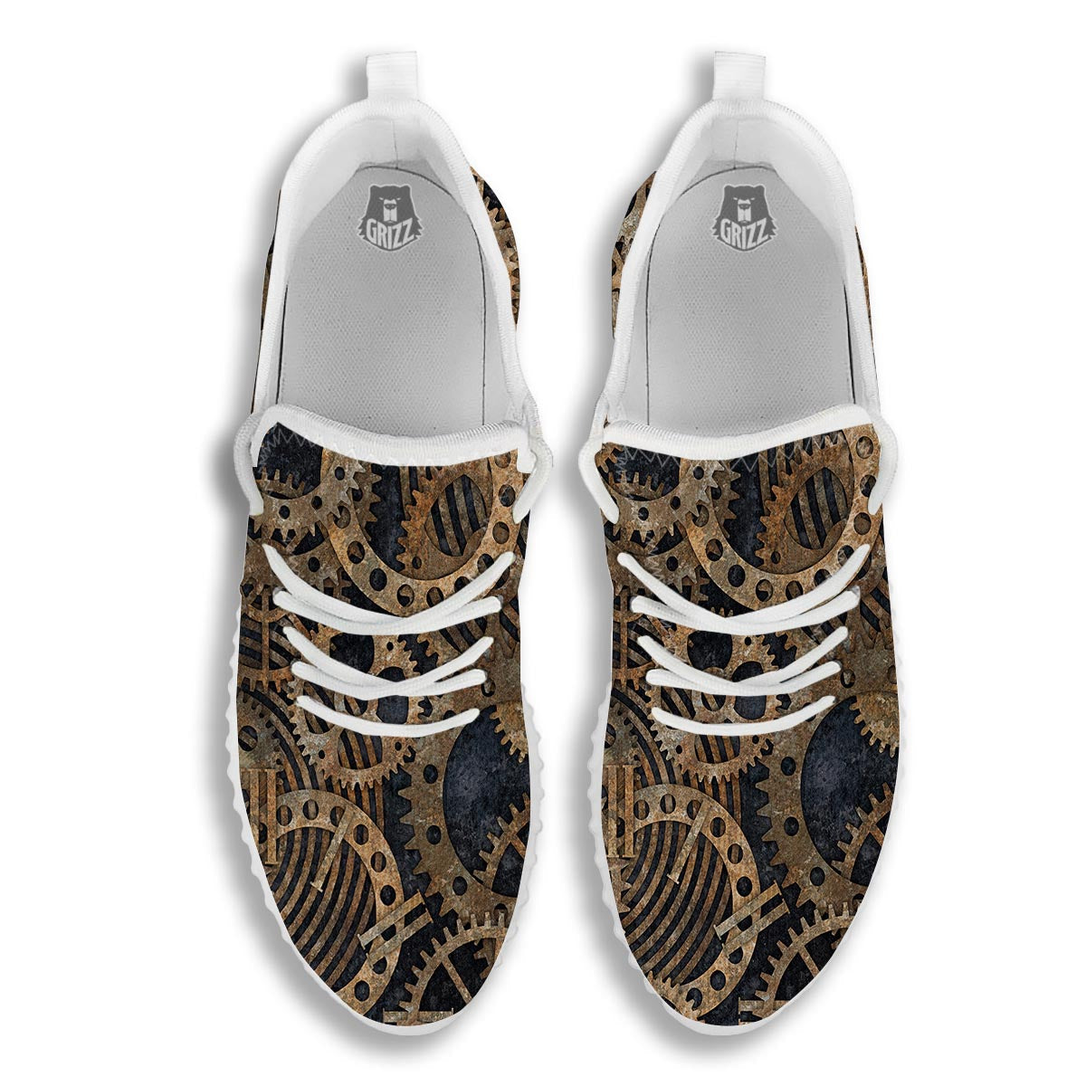 Cogs And Gears Steampunk Brass Print White Walking Shoes-grizzshop