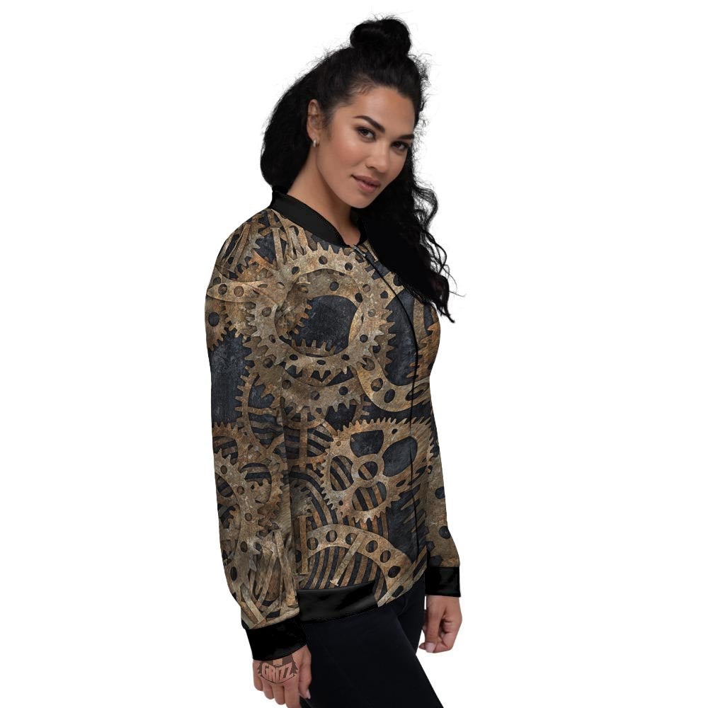 Cogs And Gears Steampunk Brass Print Women's Bomber Jacket-grizzshop