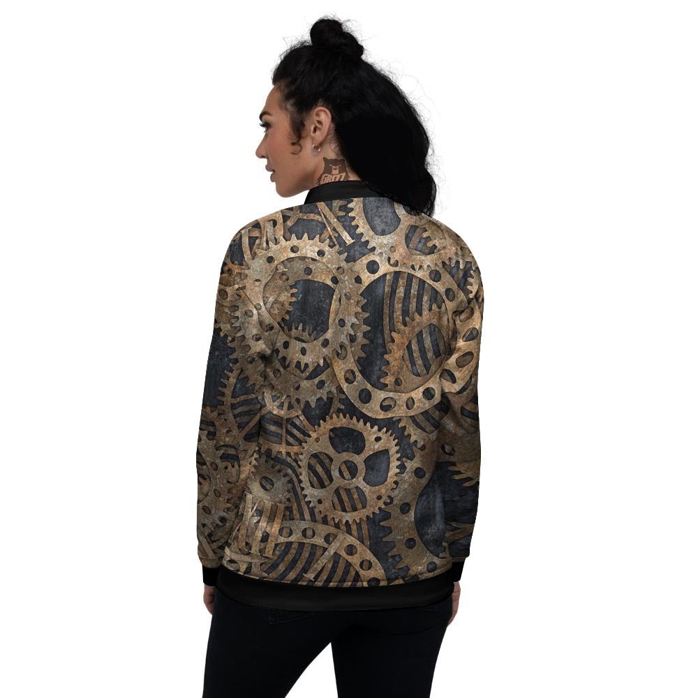 Cogs And Gears Steampunk Brass Print Women's Bomber Jacket-grizzshop