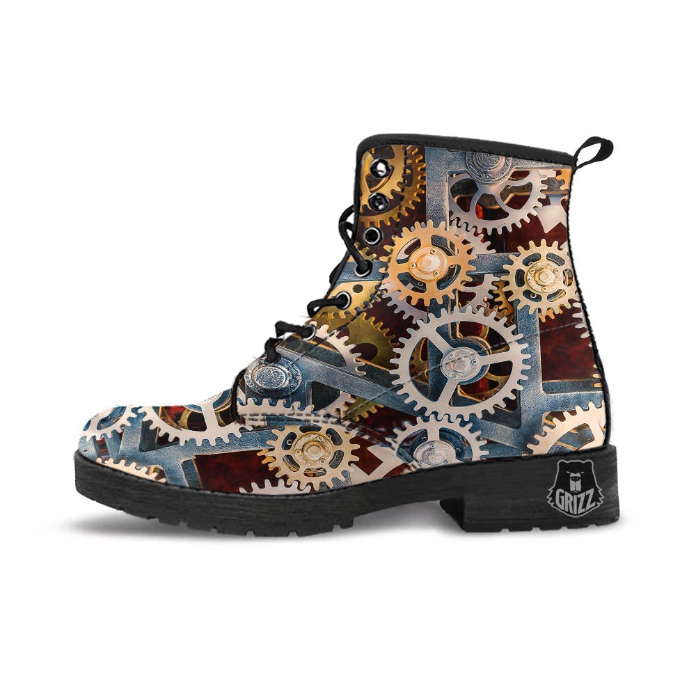 Cogs And Steampunk Gears Print Leather Boots-grizzshop