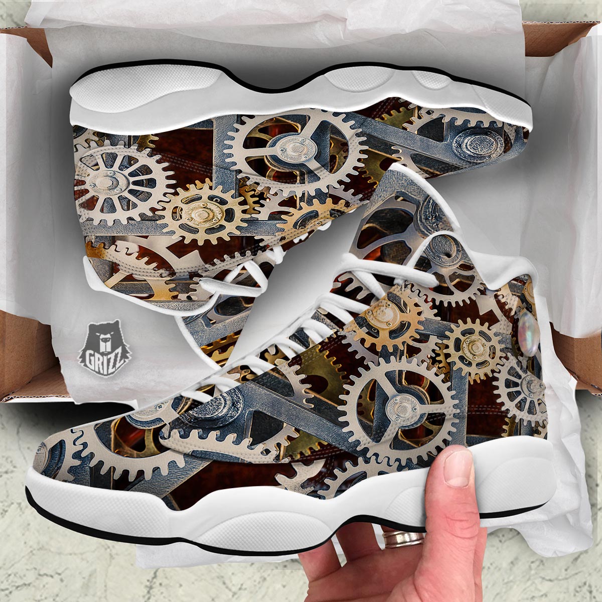 Cogs And Steampunk Gears Print White Basketball Shoes-grizzshop
