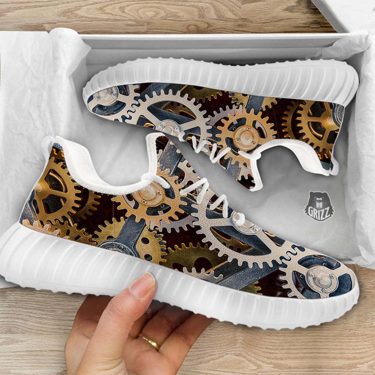 Cogs And Steampunk Gears Print White Walking Shoes-grizzshop