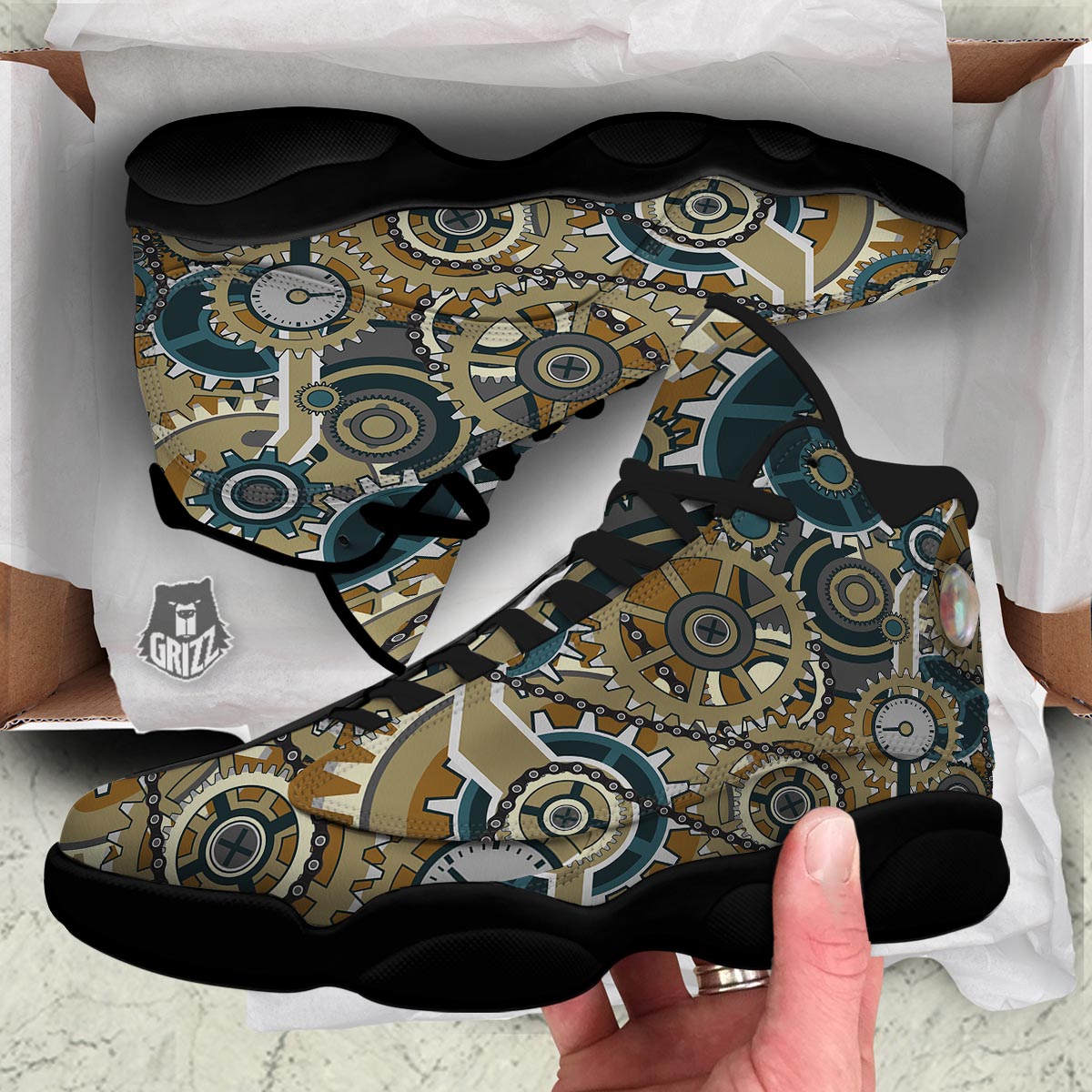 Cogwheels Steampunk Print Black Basketball Shoes-grizzshop