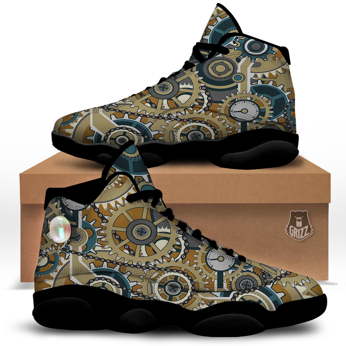 Cogwheels Steampunk Print Black Basketball Shoes-grizzshop