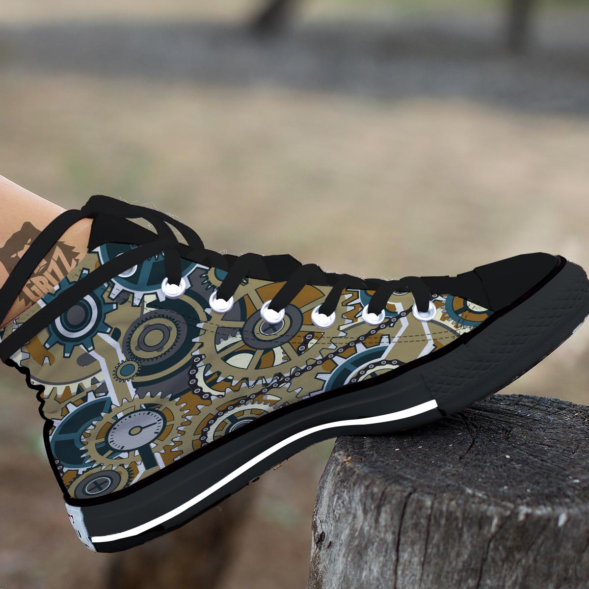Cogwheels Steampunk Print Black High Top Shoes-grizzshop