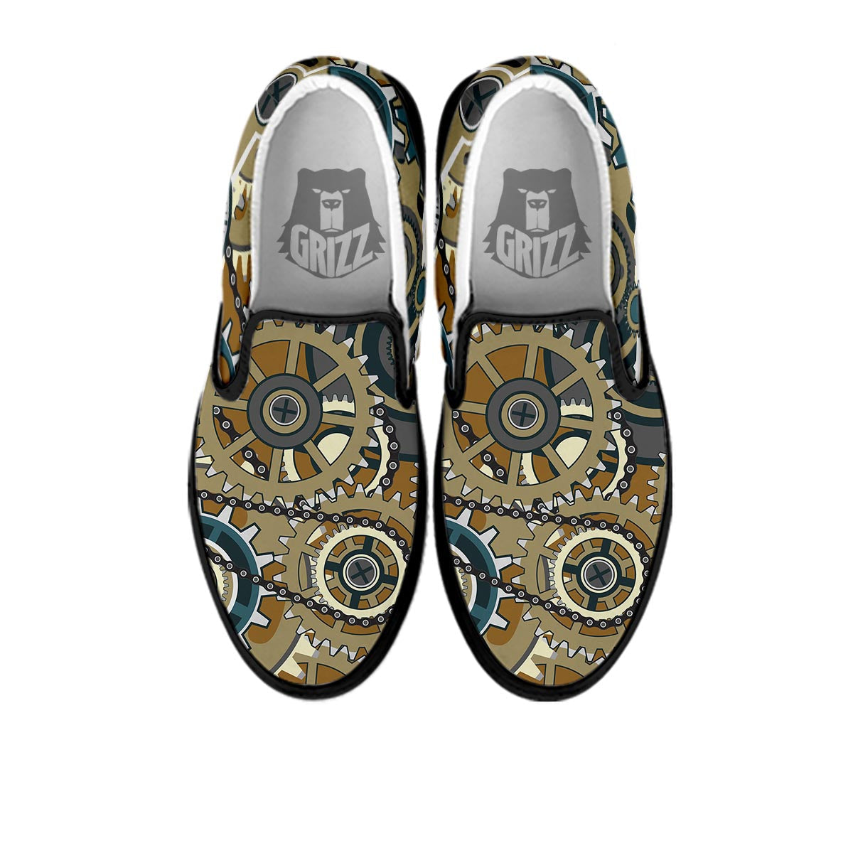 Cogwheels Steampunk Print Black Slip On Shoes-grizzshop