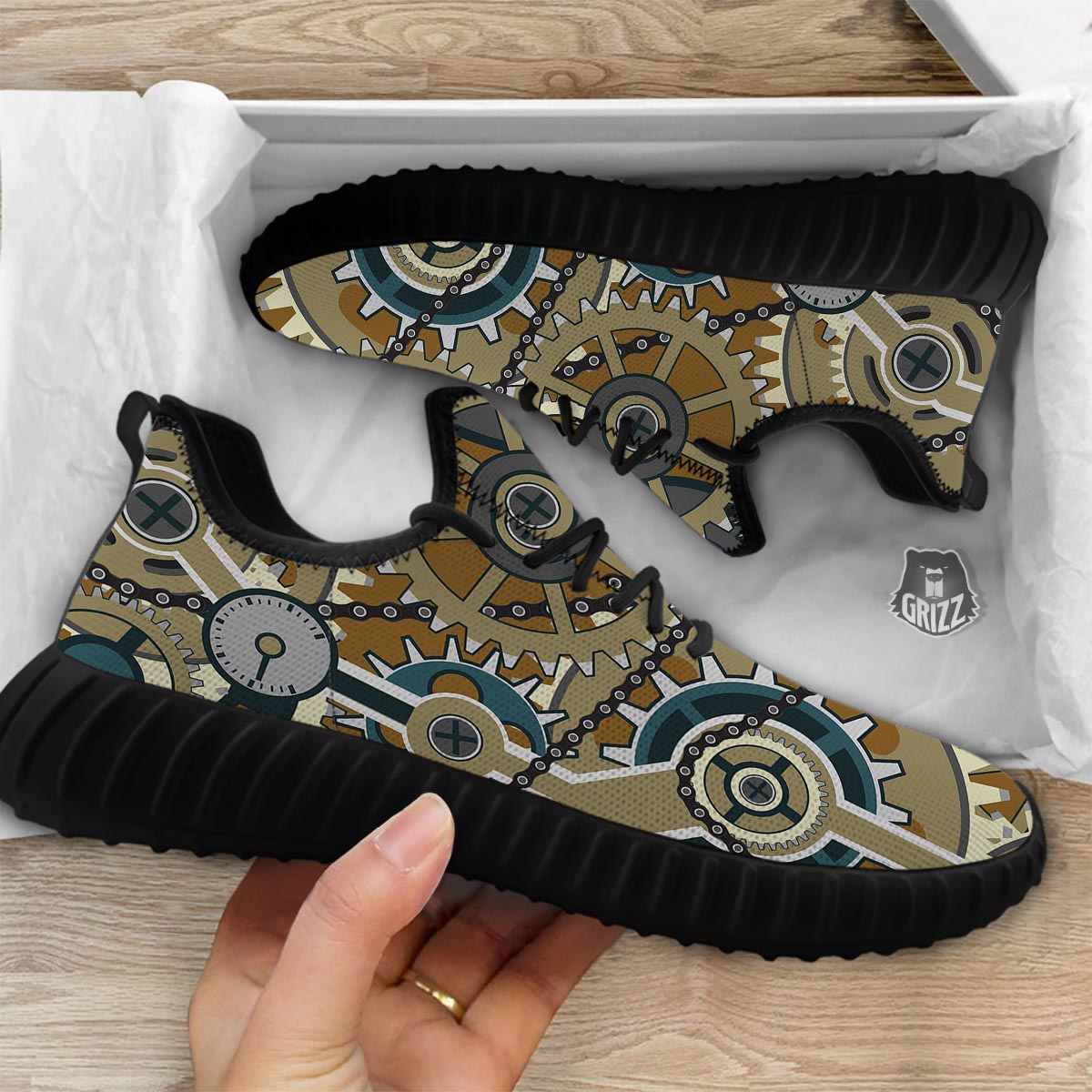 Cogwheels Steampunk Print Black Walking Shoes-grizzshop