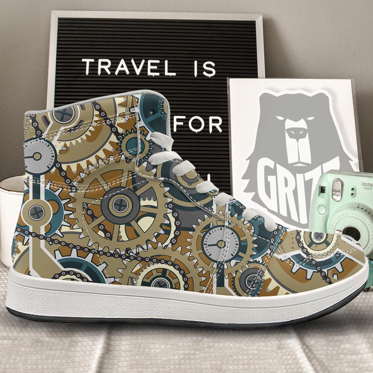 Cogwheels Steampunk Print High Top Sneakers-grizzshop