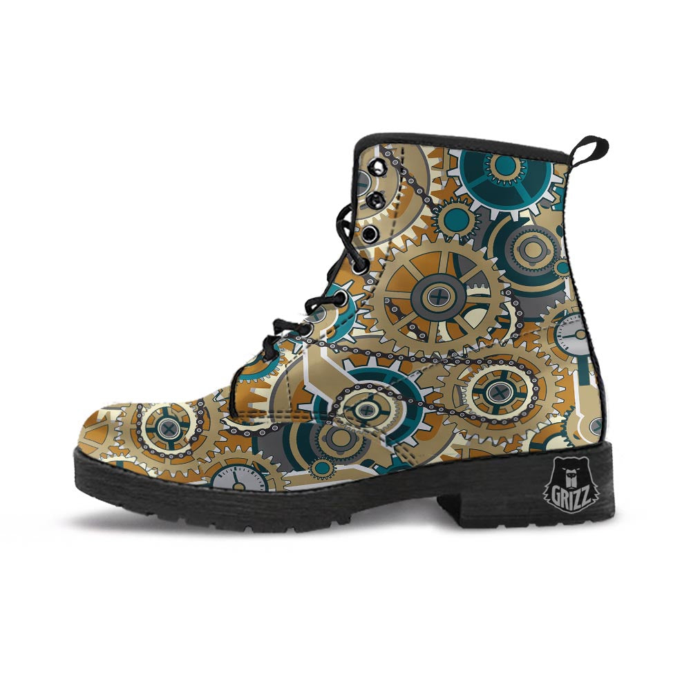 Cogwheels Steampunk Print Leather Boots-grizzshop