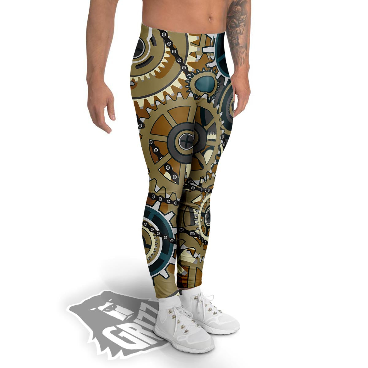 Cogwheels Steampunk Print Men's Leggings-grizzshop