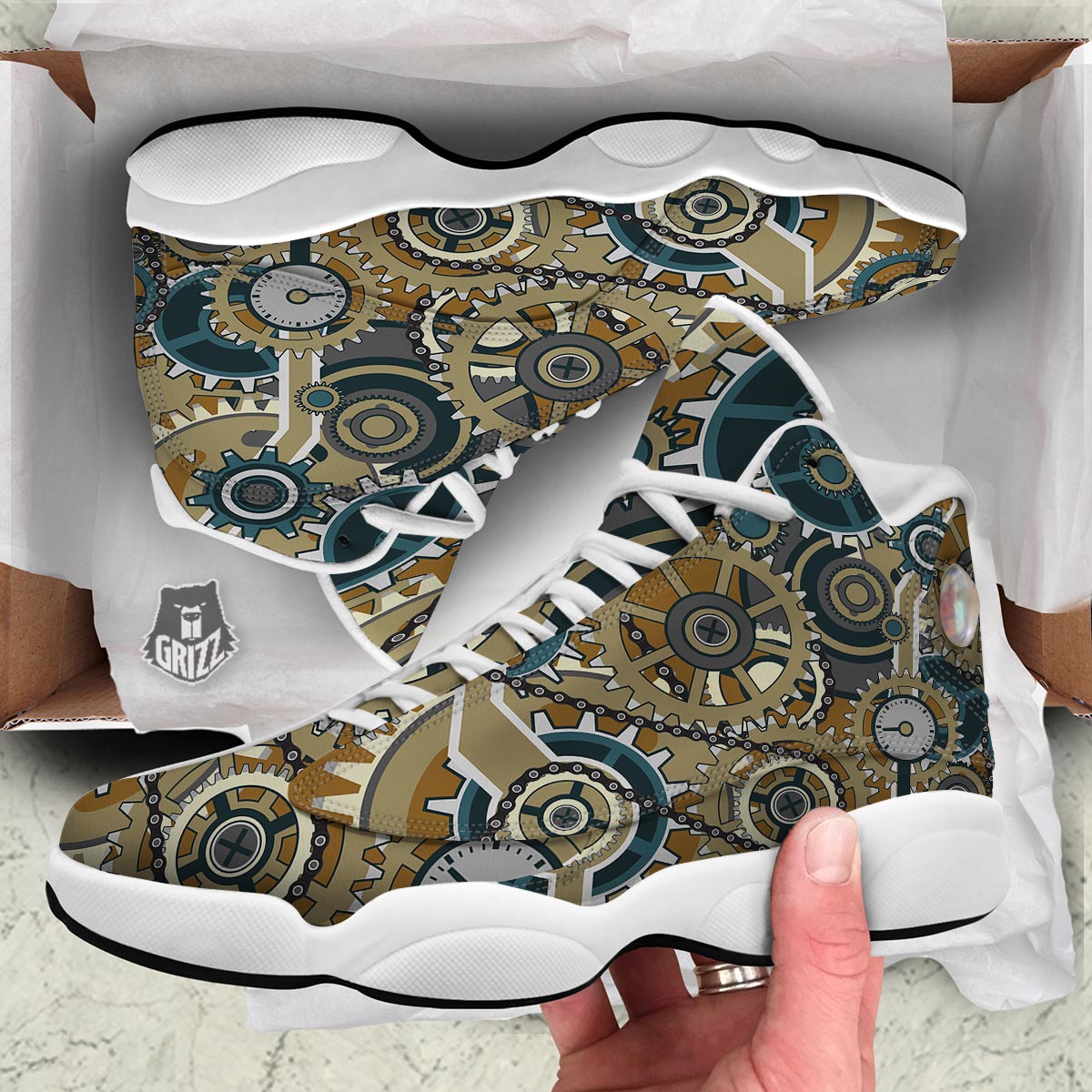 Cogwheels Steampunk Print White Basketball Shoes-grizzshop
