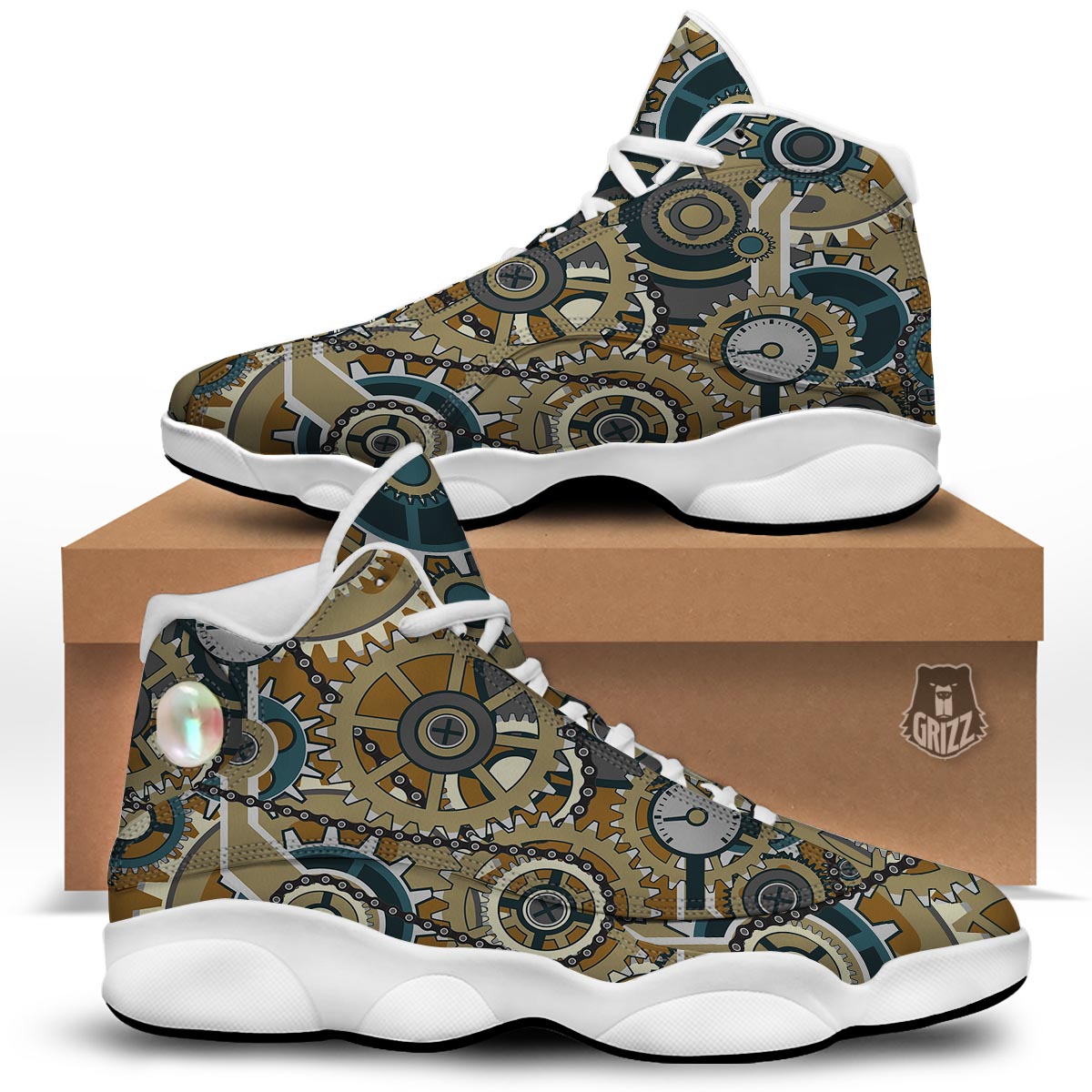 Cogwheels Steampunk Print White Basketball Shoes-grizzshop